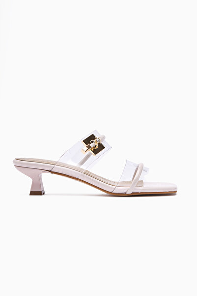 Limoya Silvi Beige Patent Leather Buckle Short Heeled Women's Slippers