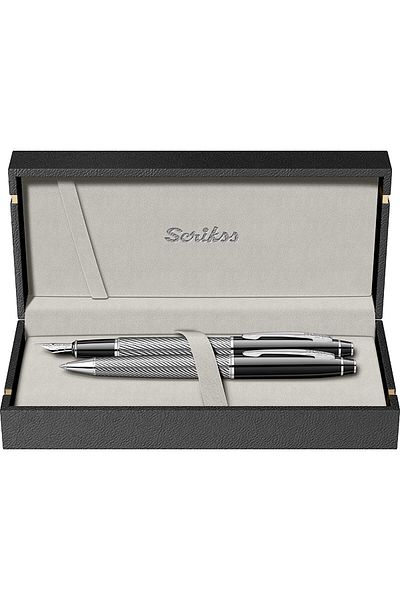 Scrikss 35C Fountain Pen + Ballpen Double Set Black Chrome (Lifetime Warranty-Luxury Boxed)