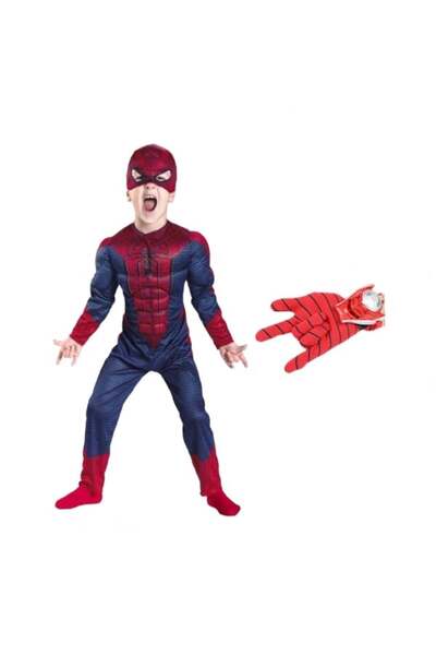 Depox Set costum Spiderman cu mușchi și mănușă de disc, mărimea L, 7-9 ani, roșu