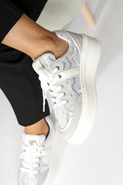 Limoya Pantofi de damă Julissa, din piele intoarsa albă, cu model strălucitor, cu talpă groasă