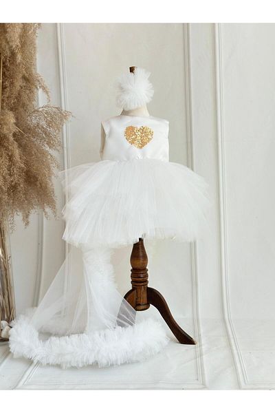 Hobidik Baby Girl Child Gold Heart Sequined Tutu Birthday Dress with Removable Tail
