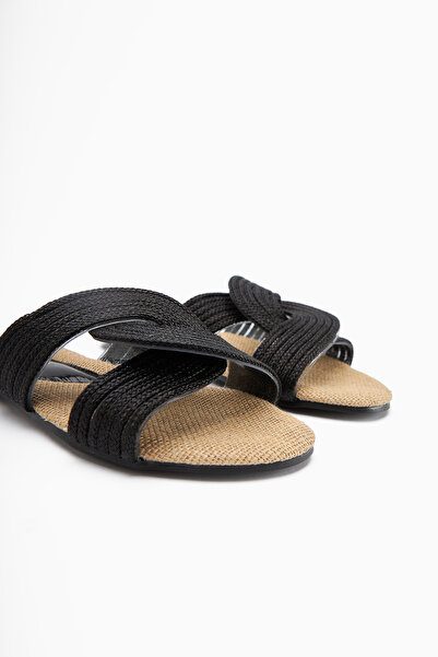 Limoya Γυναικείες παντόφλες Nihaal Μαύρες Ψάθινες Σταυρωτές Επίπεδες Σόλες