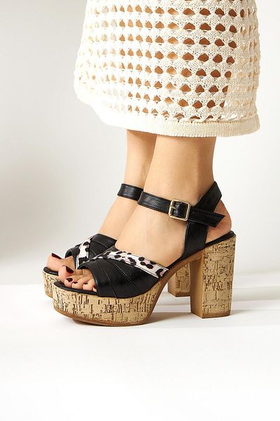 Limoya Farah Black Wedge Heeled Platform Leopard Detailed Women's Sandals