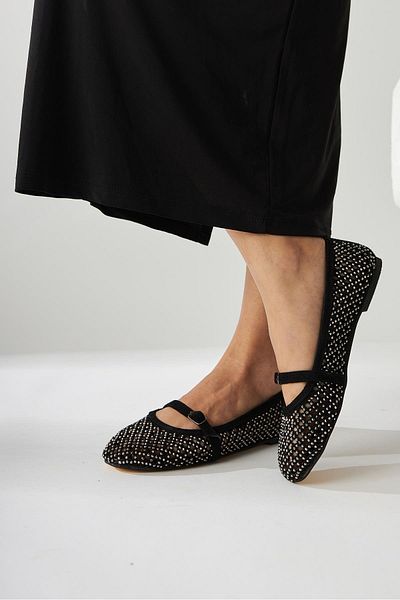 Limoya Nicole Black Suede Oval Toe Perforated Stone Detailed Single Strap Casual Women's Shoes