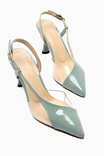 Limoya Aliah Mint Patent Leather Pointed Toe Transparent Detailed Thin Heeled Women's Shoes