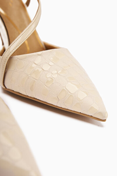 Limoya Genuine Leather Sarah Beige Crocodile Patterned Pointed Toe Heeled Women's Shoes