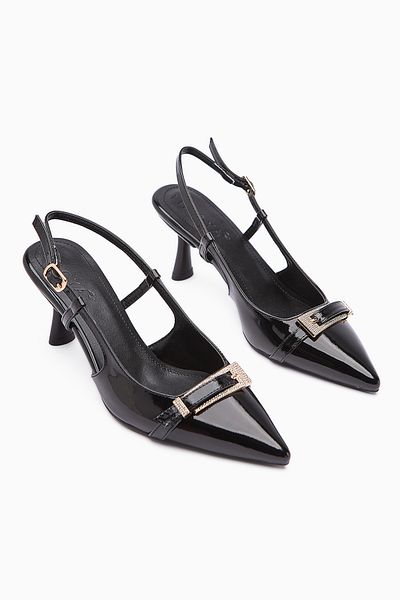 Limoya Mina Black Patent Leather Buckle Pointed Toe Heeled Women's Sandals