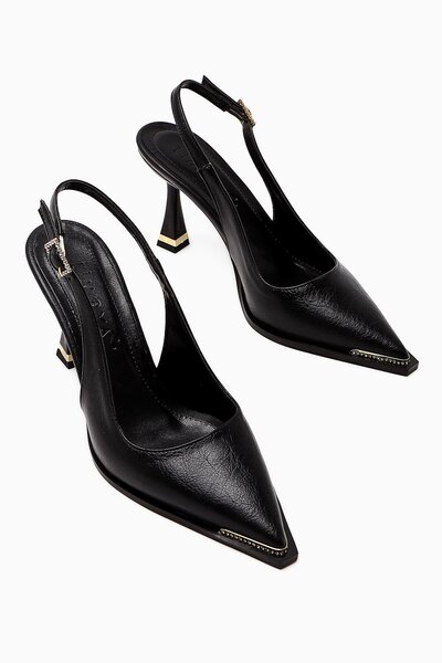 Limoya Vita Black Stone Detailed Closed Front Heeled Women's Shoes