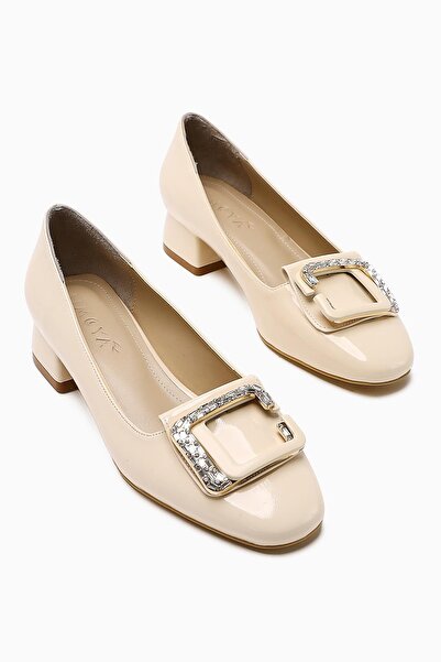 Limoya Roza Beige Patent Leather Stone Detailed Short Heeled Women's Shoes Opportunity Product