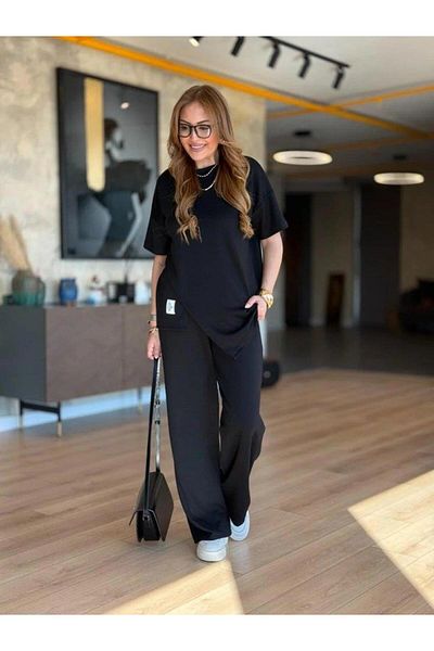 velmorafashion Women's Short Sleeve Crew Neck Asymmetrical Viscose Two Thread Blouse and Trousers Double Suit