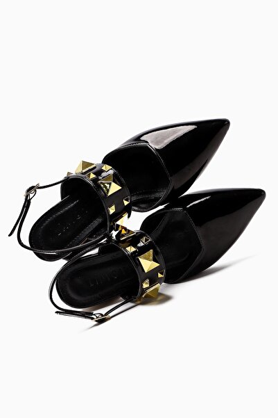 Limoya Nicoline Black Patent Leather Pointed Toe Pyramidal Studded Thick Banded Short Heeled Women's Shoes