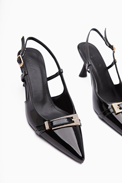 Limoya Mina Black Patent Leather Buckle Pointed Toe Heeled Women's Sandals
