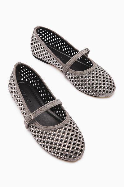 Limoya Nicole Gri din piele intoarsa varf oval perforat piatra detaliata o singura curea pantofi casual dama