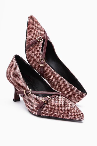 Limoya Pantofi de damă cu toc cu vârf ascuțit tricotat Noran Burgundy