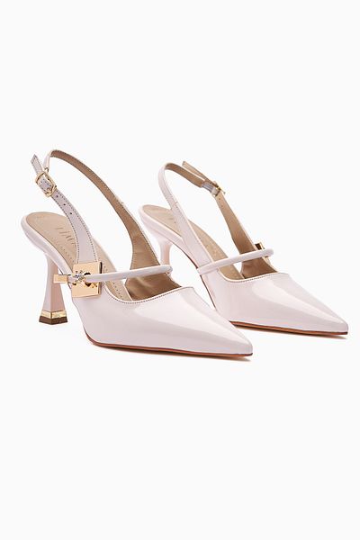 Limoya Sarita Beige Patent Leather Buckle Pointed Toe Women's Heeled Shoes