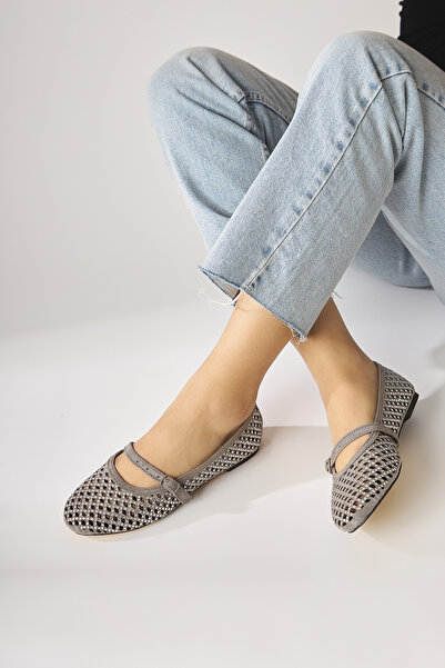 Limoya Nicole Gray Suede Oval Toe Perforated Stone Detailed Single Strap Casual Women's Shoes