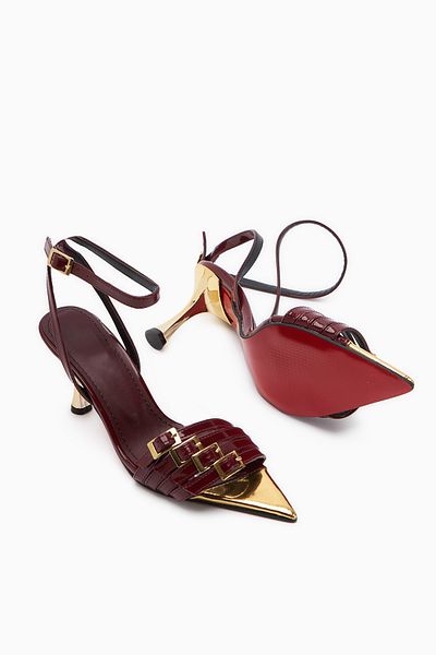 Limoya Helna Burgundy Gold Buckle Thin Heeled Ankle Strap Women's Sandals