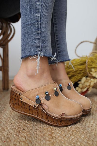 Limoya Γνήσιο δέρμα Mabel Mink Antique και Evil Eye Bead Λεπτομερής επένδυση Comfort Sabo γυναικείες παντόφλες