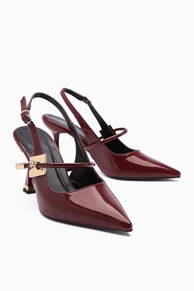 Limoya Sarita Burgundy Patent Leather Buckle Pointed Toe Women's Heeled Shoes
