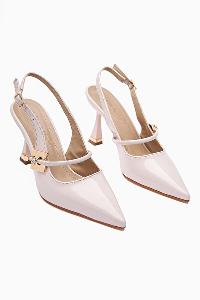 Limoya Sarita Beige Patent Leather Buckle Pointed Toe Women's Heeled Shoes