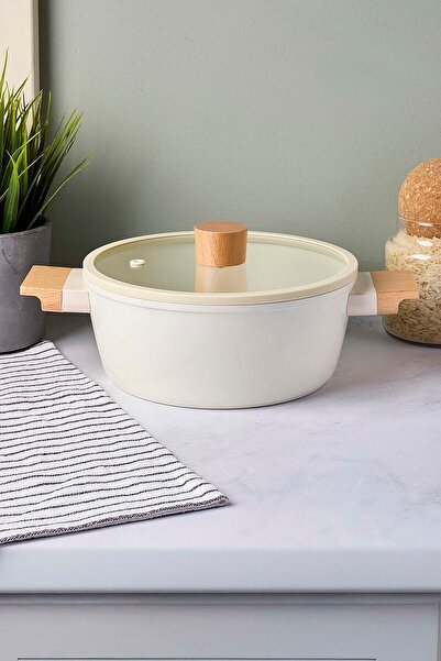 Perotti Cookwood Beige Induction Base Ceramic Deep Pot with Wooden Handle and Lid 20 cm