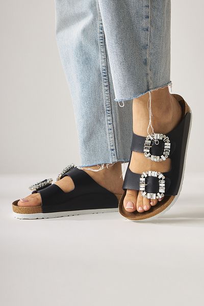 Limoya Brisa Navy Blue Double Banded Stone Buckle Detailed Slippers