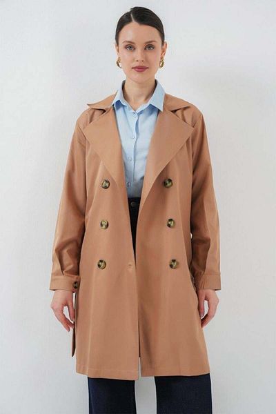 modamtn 5864 Double Breasted Collar Short Trench Coat - Tan