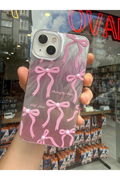 OVADA İphone 13/14 Uyumlu Hologramlı Kurdele Ve 3D İnci Desenli Kılıf