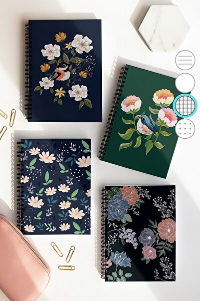 Eldesen Tasarım مجموعة دفاتر مدرسية مربعة الشكل حلزونية، مقاس A5، 50 ورقة، 100 صفحة، مجموعة من 4 قطع، مجموعة الطيور