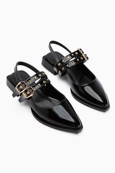 Limoya Siran Black Patent Leather Double Strap Women's Sandals