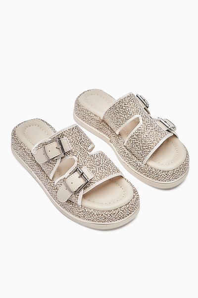 Limoya Madina Beige Double Striped Belted Women's Slippers