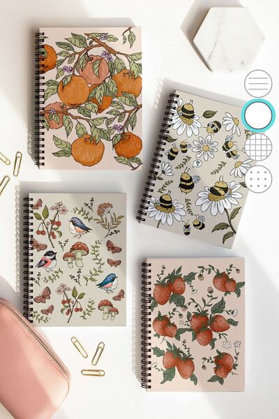 Eldesen Tasarım Spiralli Çizgisiz Okul Defter Seti, A5 Boyutunda 50 Yaprak 100 Sayfa 4'lü Set, Meyveli Set