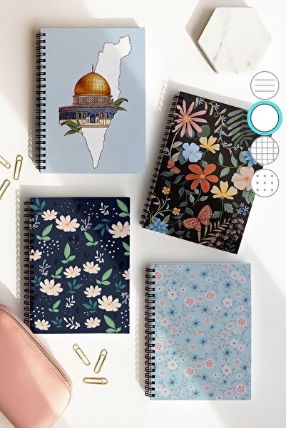 Eldesen Tasarım Spiralli Çizgisiz Okul Defter Seti, A5 Boyutunda 50 Yaprak 100 Sayfa 4'lü Set, Mavili Set