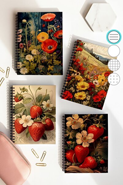 Eldesen Tasarım Spiralli Çizgili Okul Defter Seti, A5 Boyutunda 50 Yaprak 100 Sayfa 4'lü Set, Çilekli Set