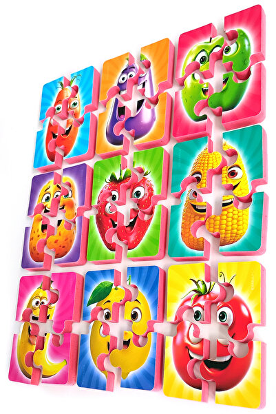 EVAKANCA 4 Parçalı 9 Adet Kalın EVA Puzzle 2-3 Yaş Yapboz Meyve Sebzeler