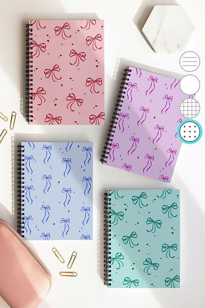 Eldesen Tasarım Spiral Dotted School Notebook Set, A5 / 50 Sheets 100 Sheets Set of 4, Bow Set