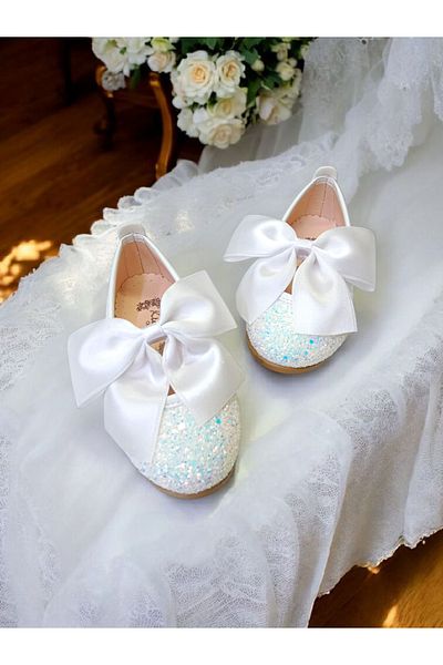 PATİK BEBE Girl's White Color Shiny Silvery Bow Orthopedic Stylish Ballet