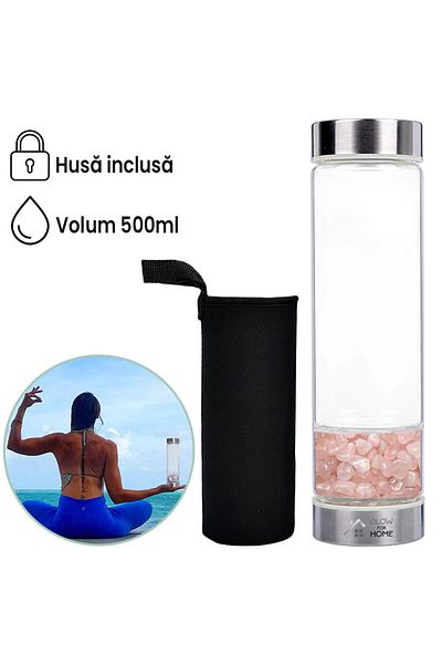 GlowforHome Sticla reutilizabila cu cristale naturale active, GlowforHome, 500 ml, Husa Protectie, Quartz Roz