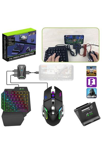 GlowforHome Kit gaming cu tastatura 39 taste si mouse RGB, suport telefon, Bluetooth, Android/PC