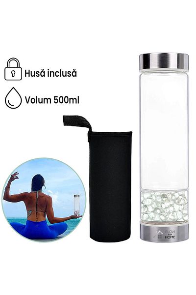 GlowforHome Sticla 500 ml cu cristale naturale Quartz Alb, GlowforHome, reutilizabila, cu husa si capac etans