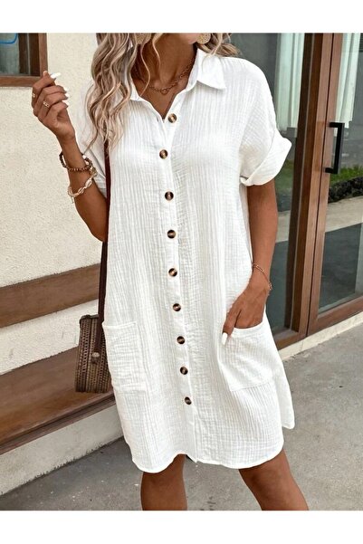 POLO BONETTA Metal Düğmeli Dokuma Viskon Kumaş Gömlek Elbise