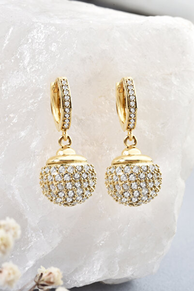 Nox Jewelry 14 Ayar Altın Kaplama Taşlı Disko Top Sallantılı Gümüş Küpe - ES00251