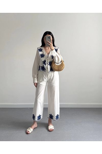 Lavanta Tekstil Blue Embroidered Shirt Pants Set