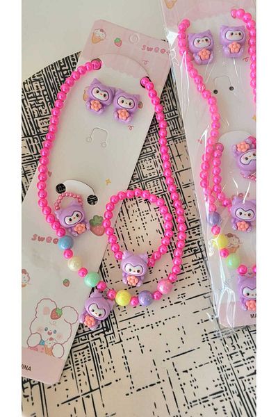 GÜLPEŞE My Melody Children's Necklace and Bracelet Earring Set - Kuromi Detailed