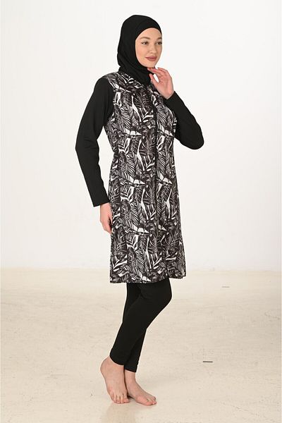 Modestia Set de costume de baie hijab acoperit complet din 3 piese cu model de frunze alb-negru
