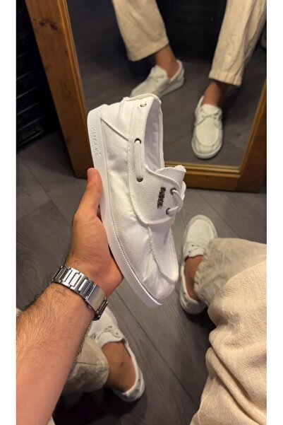 KN008 Erkek Günlük Bağcıklı Keten Klasik Ayakkabı KBT - Beyaz