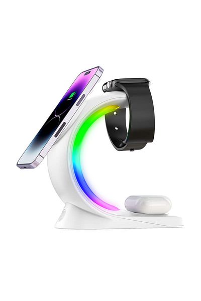 VENTLEX 3 in 1 RGB Wireless Charger Type Charging Station for Phone, Watch and Headphones, Fast Charge 15W White