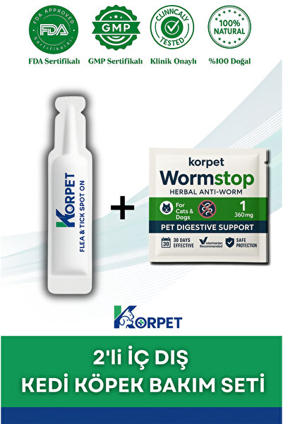 KorPet 2'li Set Kedi Ve Köpek Iç Dış Bitkisel Parazit Bitkisel 1 Damla Ve 1 T...