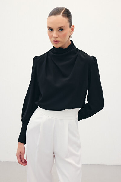 Sateen Drape Detaylı Bluz - Siyah