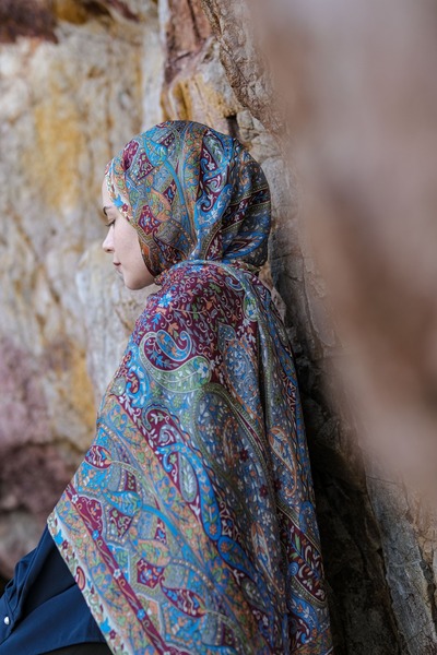 İPEKLİ COUTURE Mavi Bordo Saf Hint İpeği Şal